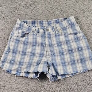Vintage Levis Shorts Womens 7 Blue Plaid 967 Relaxed Fit Cutoff Made USA 90s